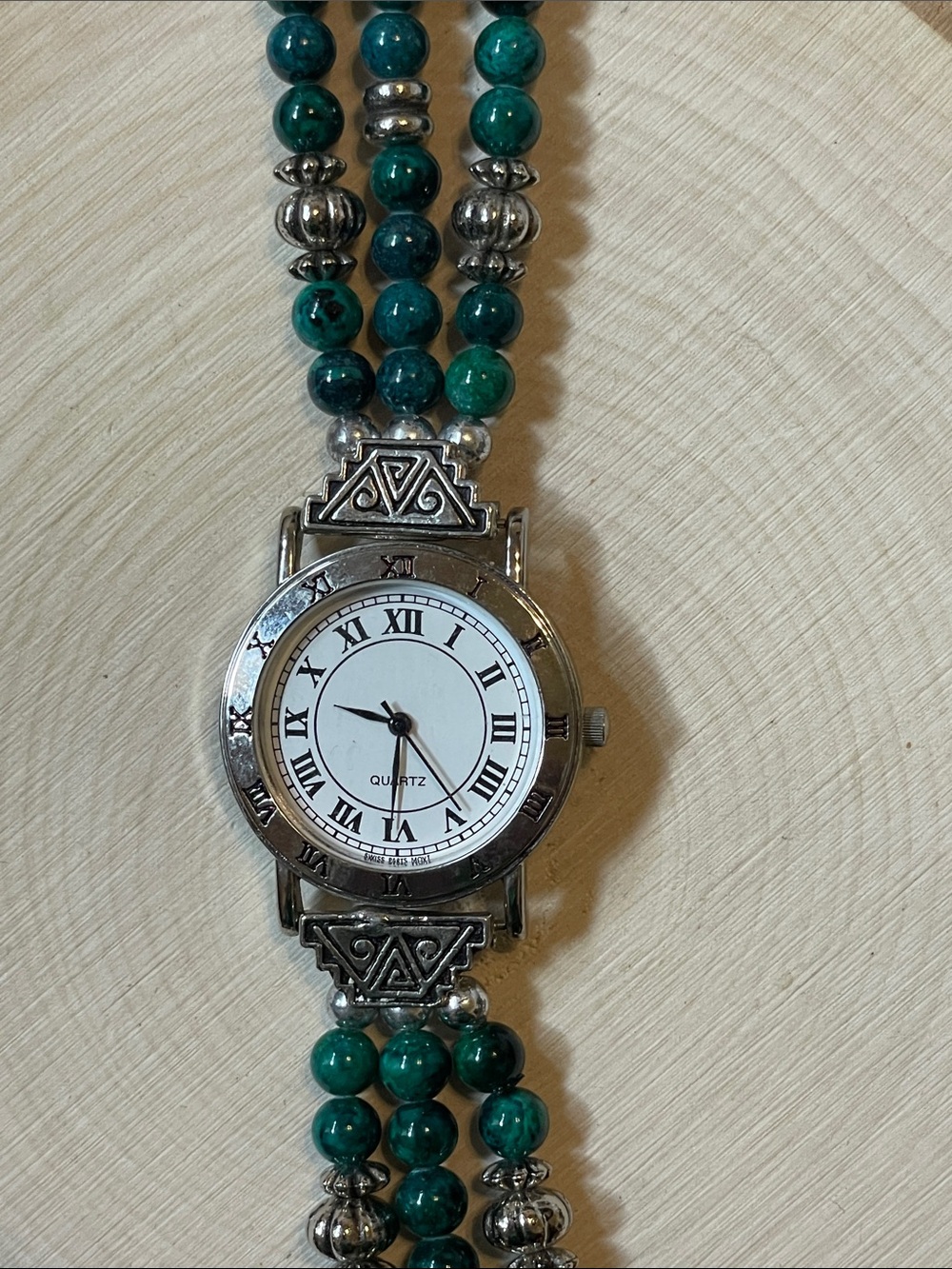 SWestern Beaded Quartz Bracelet Watch in Teal Green silver